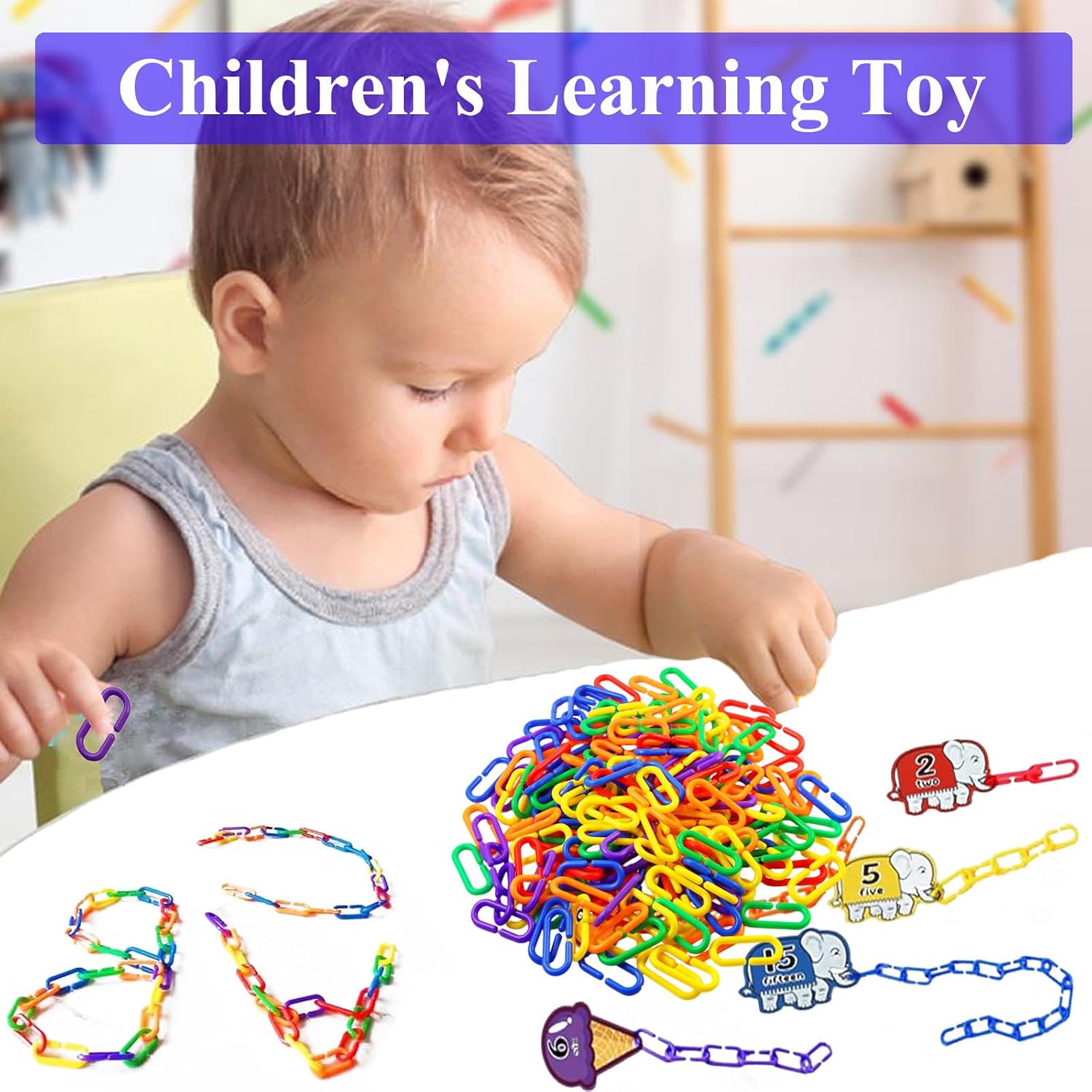 Brightly colored plastic chain links used as bird cage decoration and climbing accessory.