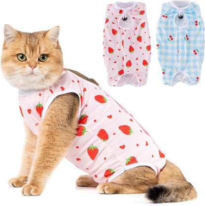 Avont cat recovery suit front view showing cherry pattern kitten onesie.