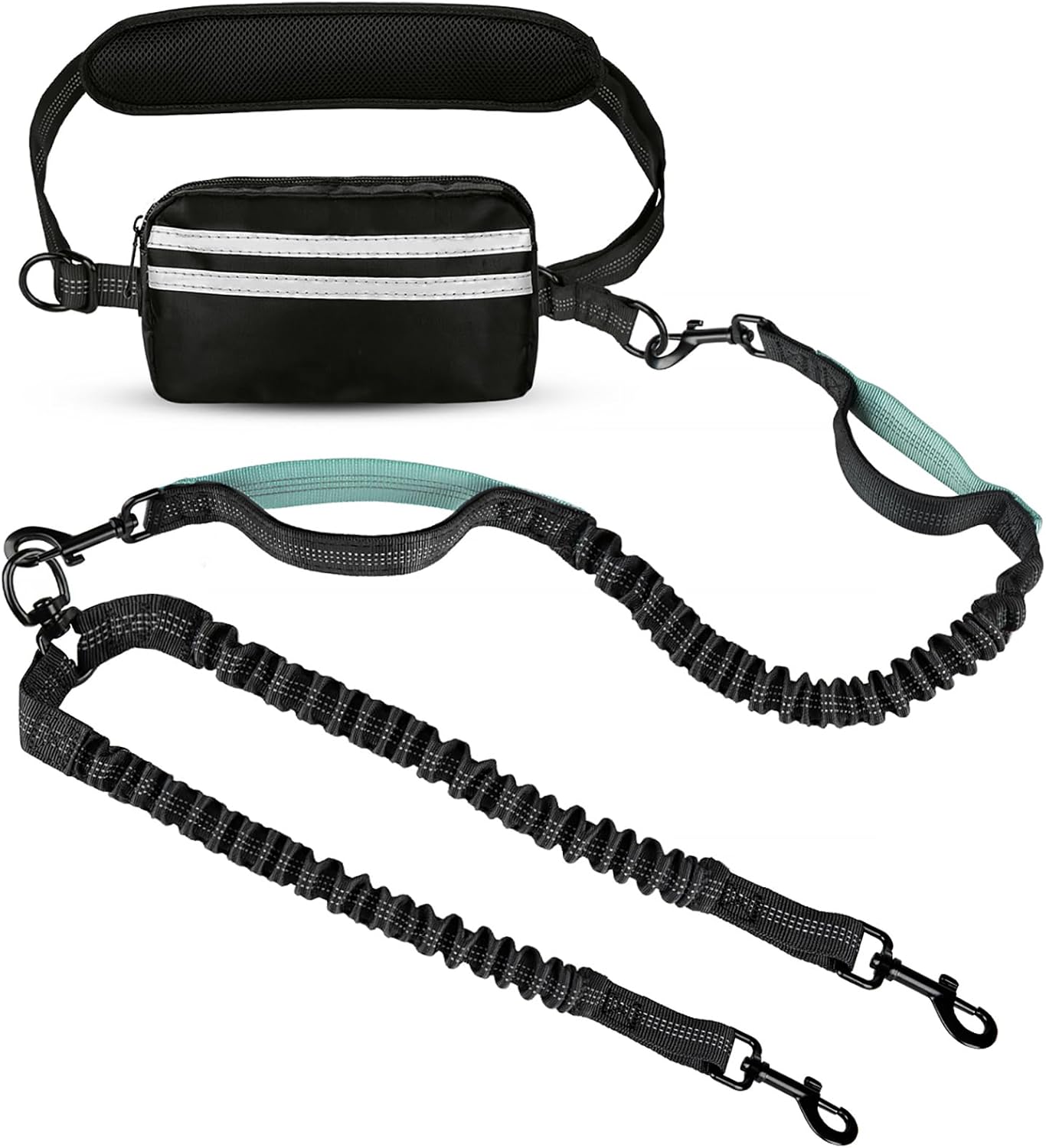 Dhgate hands free double dog leash front view showing waist belt and zipper pouch
