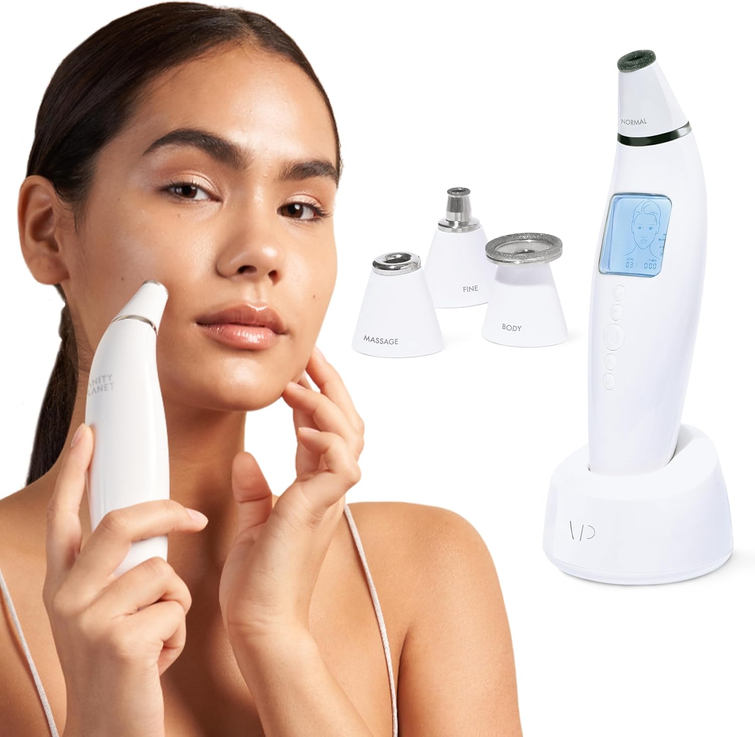 Vanity Planet Exfora Facial Microdermabrasion Wand front view showing smart LED screen