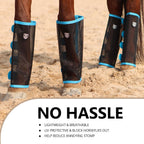 Set of four magenta horse fly boots displayed flat showcasing the touch close fasteners.