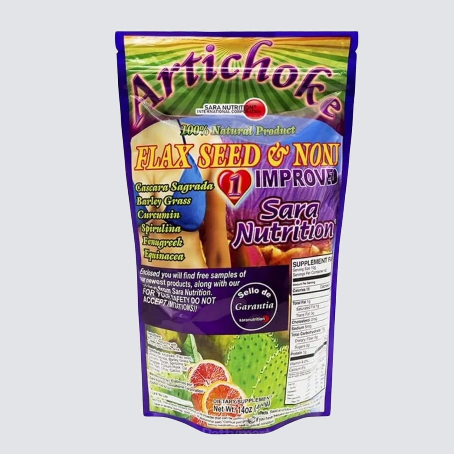 Sara Nutrition Artichoke Flax Seed and Noni Digestive Fiber Powder front view showing authentic packaging.