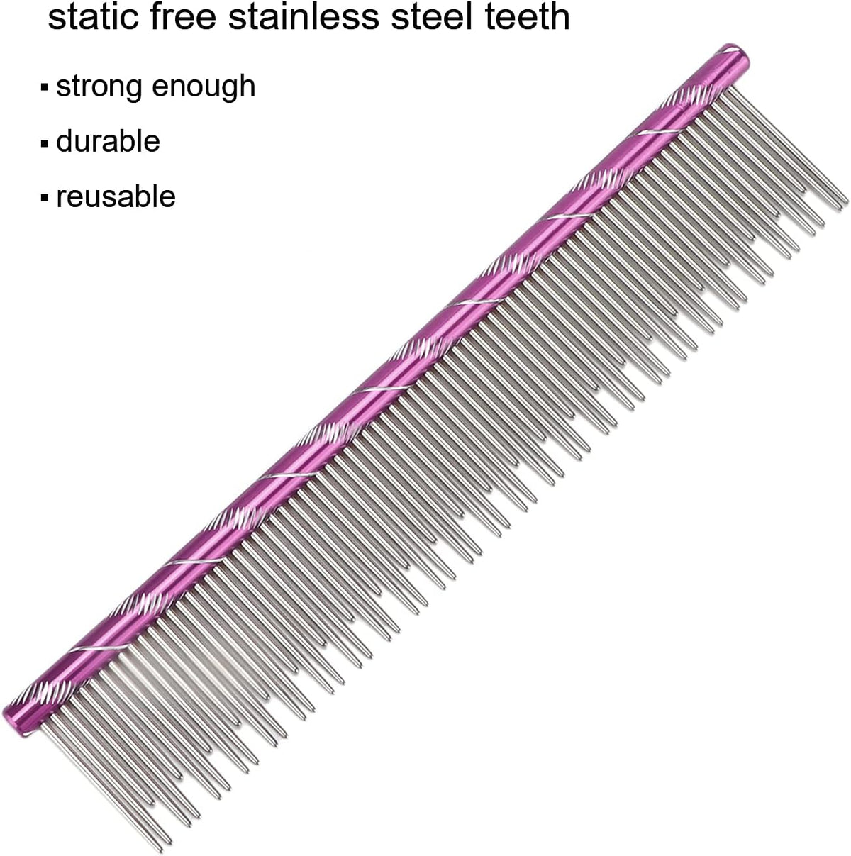 Close up of rounded stainless steel teeth on Zerodis pet comb