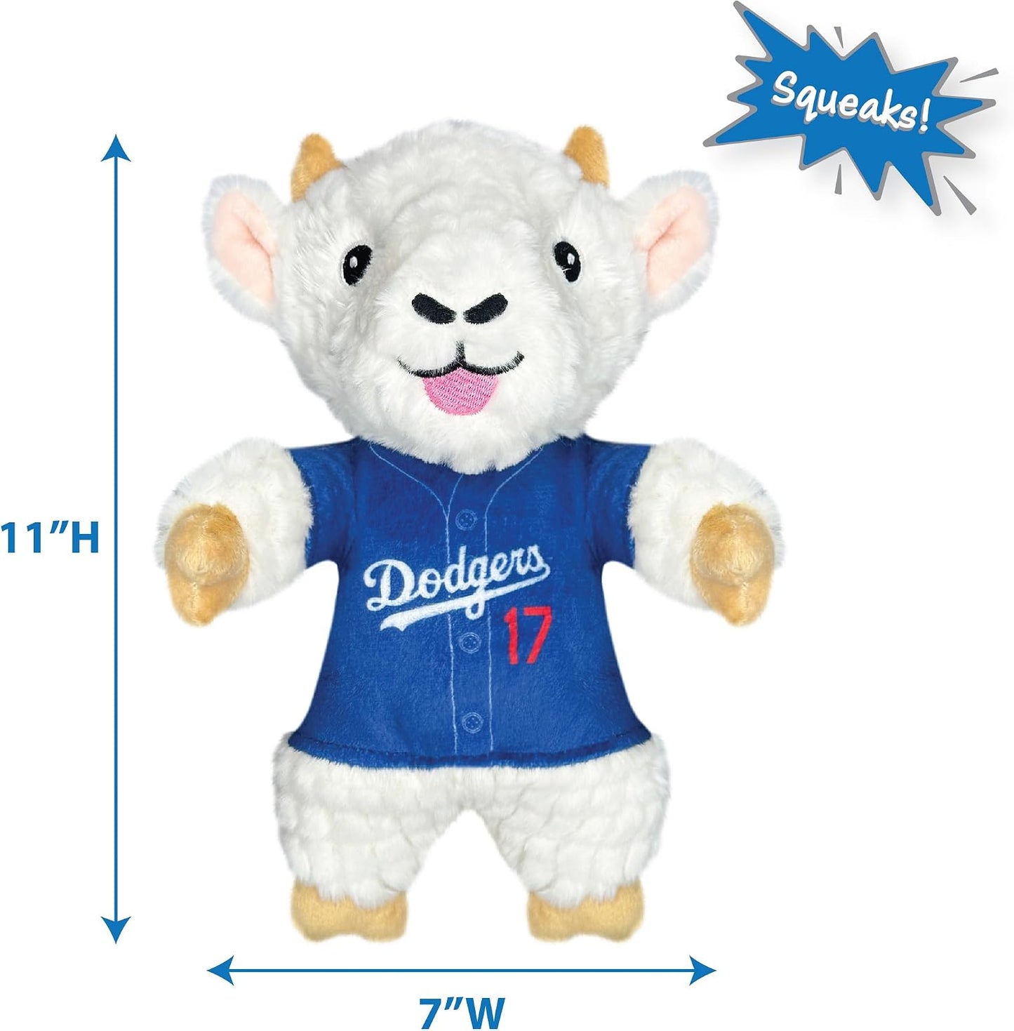 Side profile of the goat shaped interactive dog chew toy with built in squeaker components.