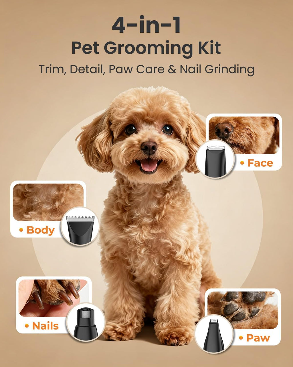 Close-up of the M&M STAR pet hair trimmer showing the LED battery display and USB-C charging port.