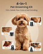 Close-up of the M&M STAR pet hair trimmer showing the LED battery display and USB-C charging port.