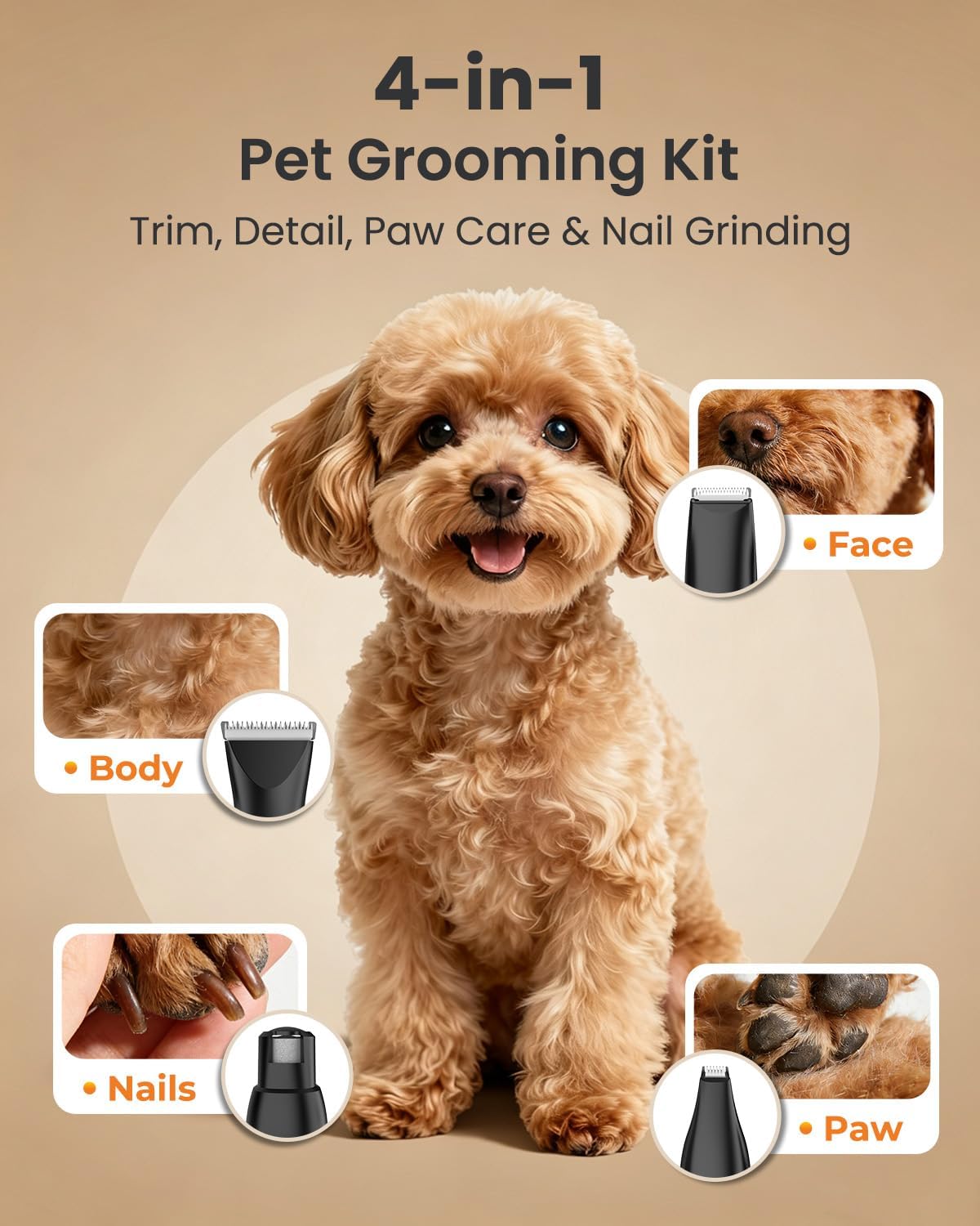 Close-up of the M&M STAR pet hair trimmer showing the LED battery display and USB-C charging port.