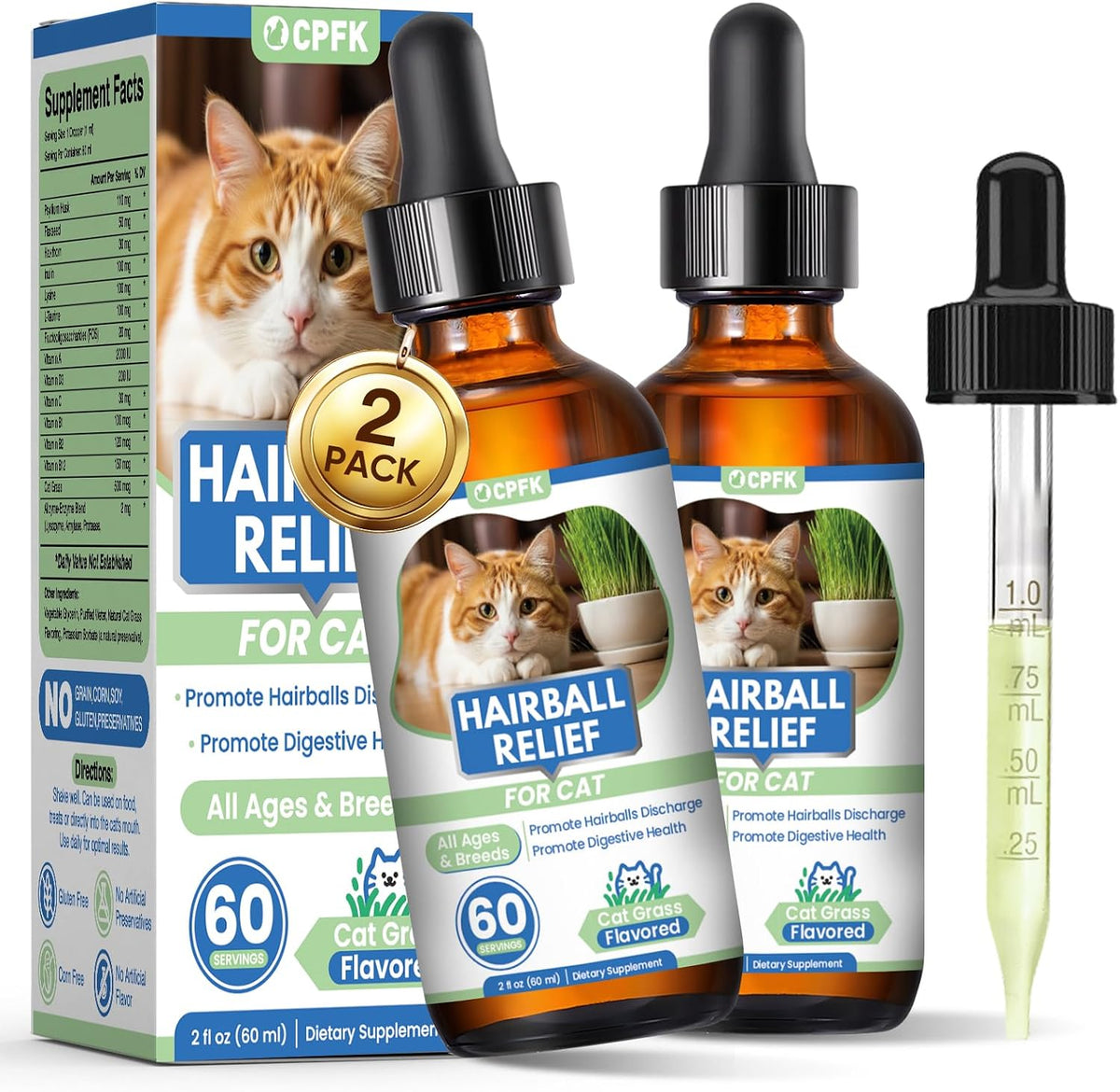 CPFK Cat Hairball Remedy Drops front view of the packaging and dropper bottles.