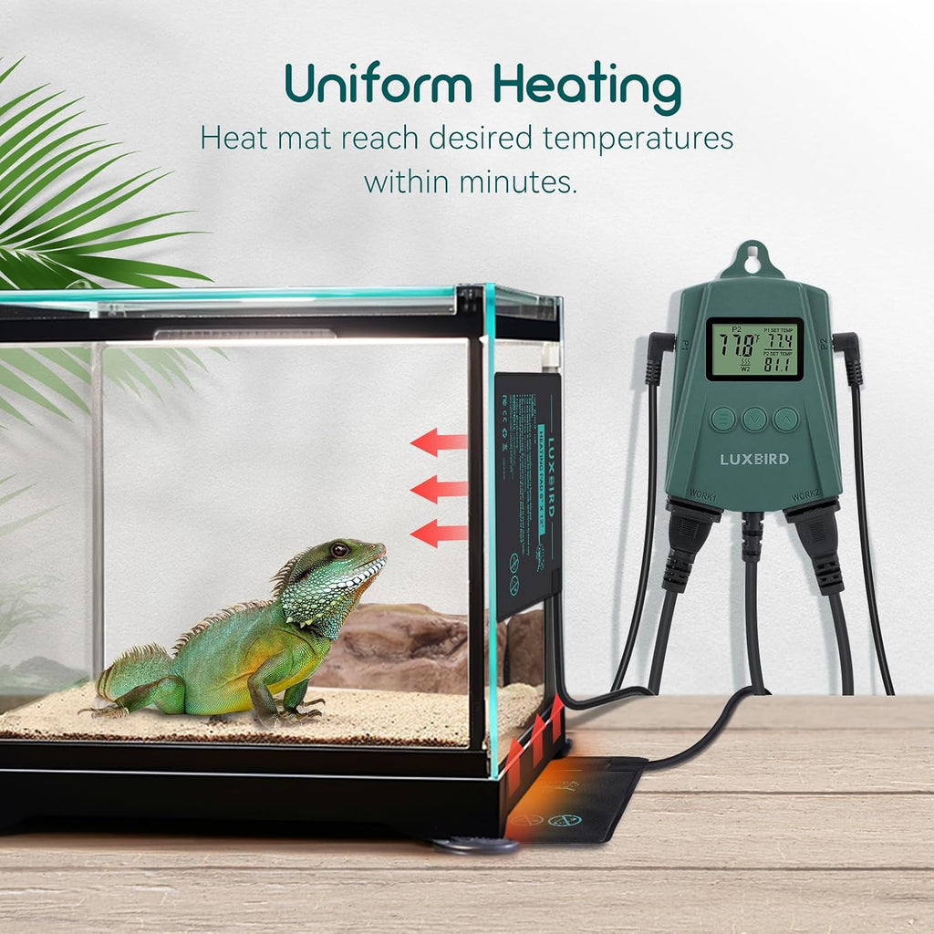 Luxbird terrarium heating setup placed underneath a glass tank