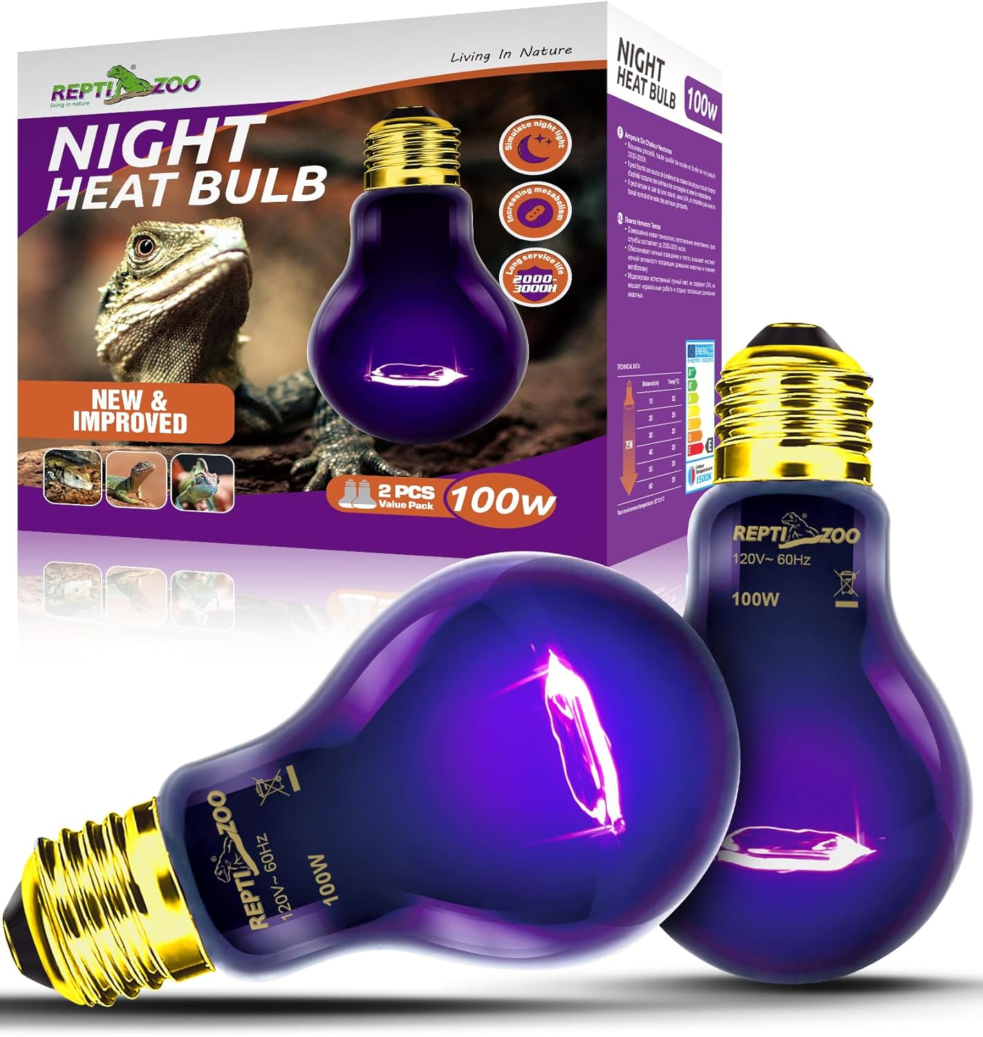 REPTI ZOO 2Pack Reptile Night Heat Lamp 100W Purple front view showing the twin pack packaging.