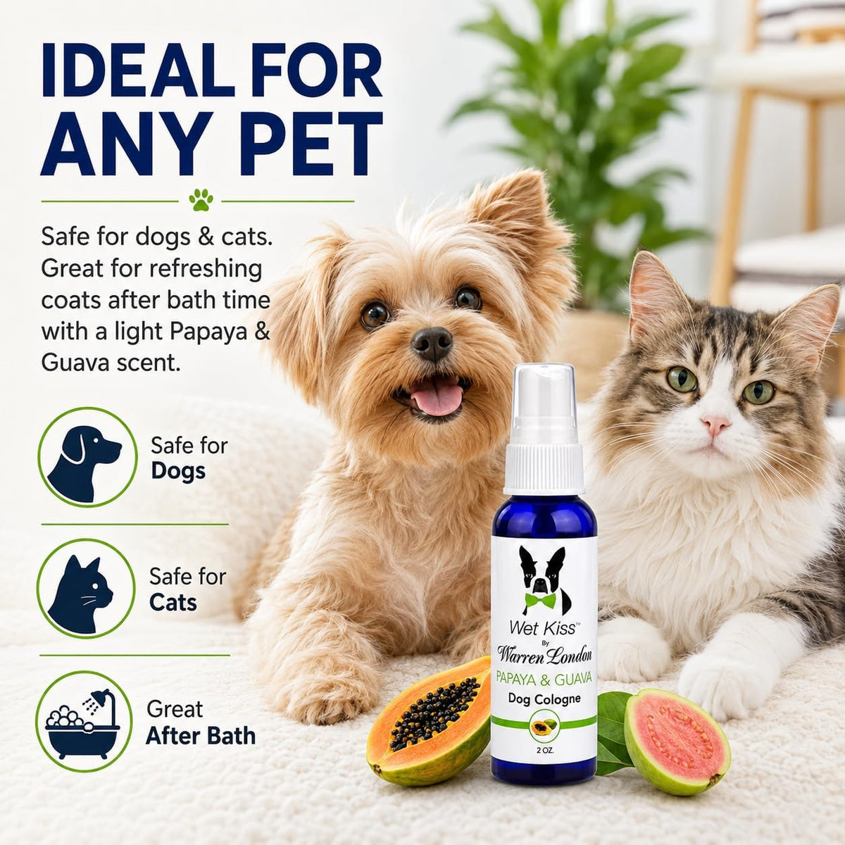 Two ounce travel size pet deodorant spray bottle close up view.
