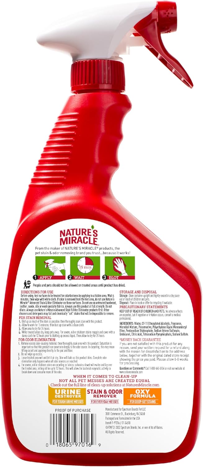 Nature's Miracle Advanced Stain and Odor Eliminator Dog Spray, Fresh Scent, Severe Mess Enzymatic Formula For Tough Pet Messes, 32 oz - Image 9