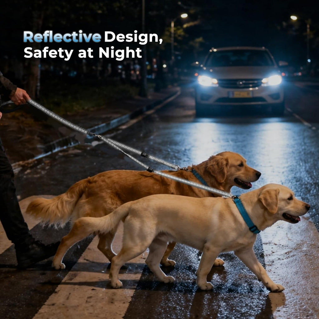 Sucegi double dog leash splitter showcasing two point control traffic handles for pet training.