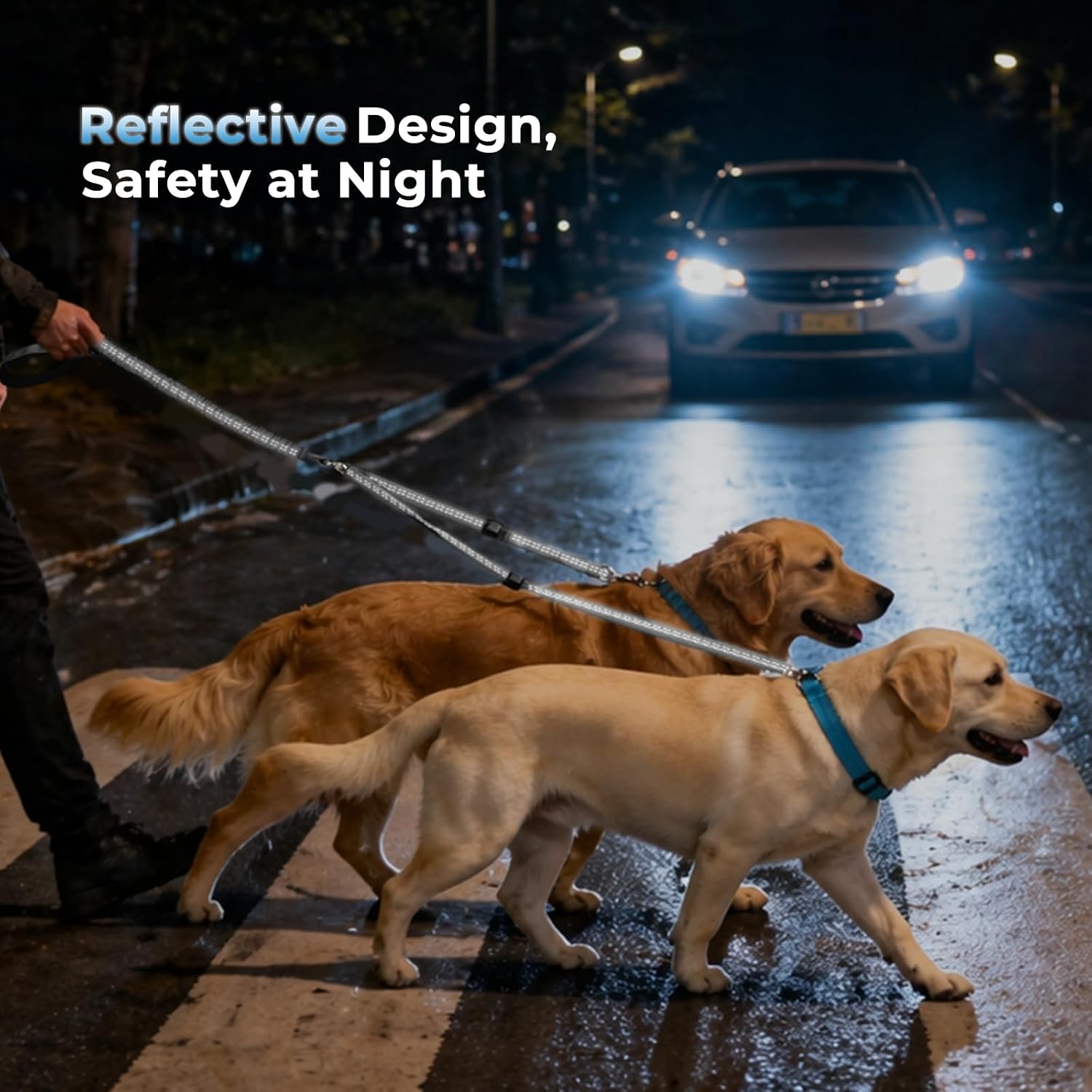 Sucegi double dog leash splitter showcasing two point control traffic handles for pet training.
