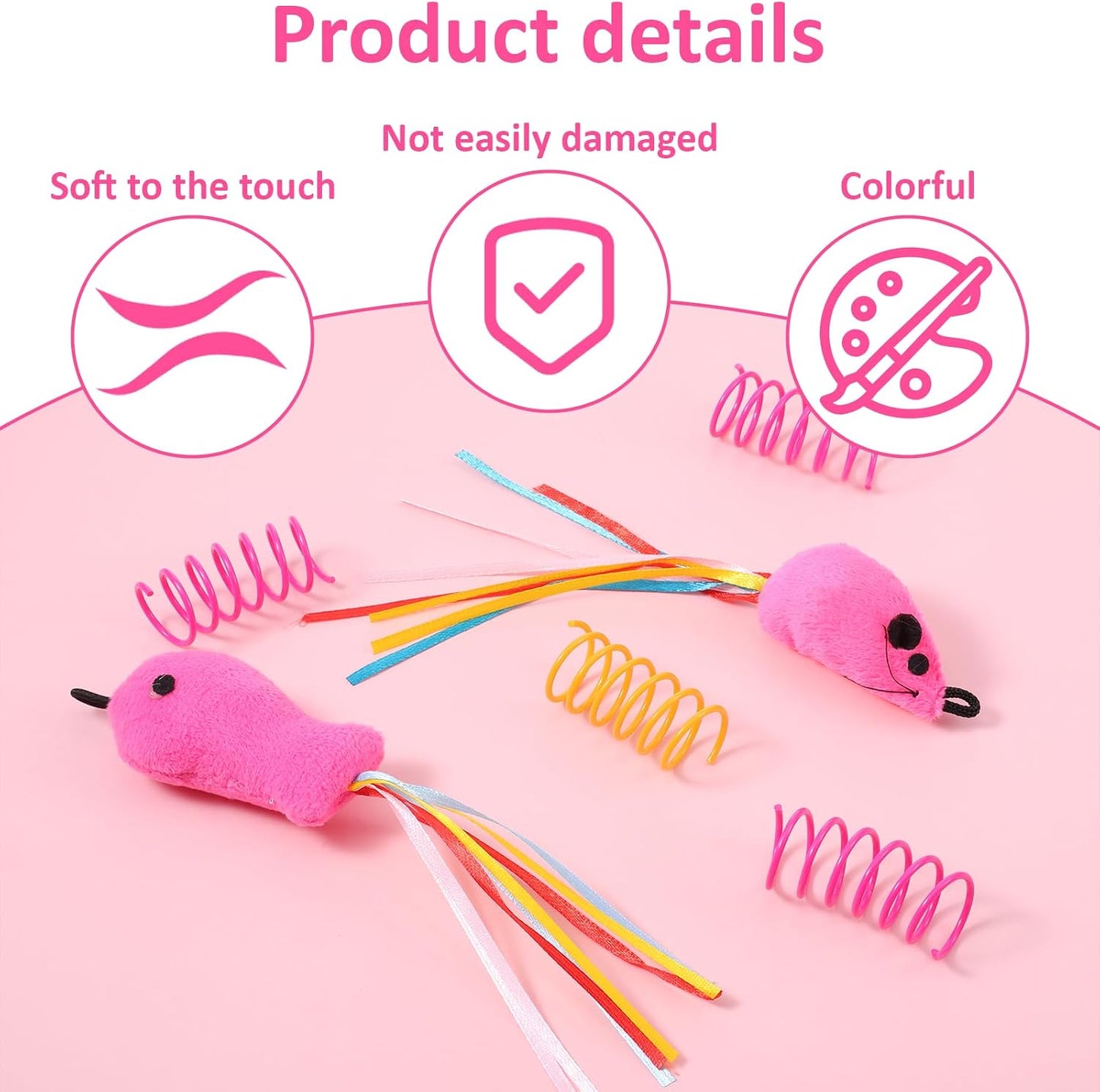 Pink plush catnip mouse toy with ribbon whiskers for kittens