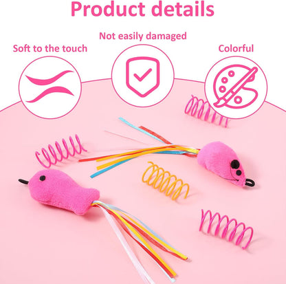 Pink plush catnip mouse toy with ribbon whiskers for kittens