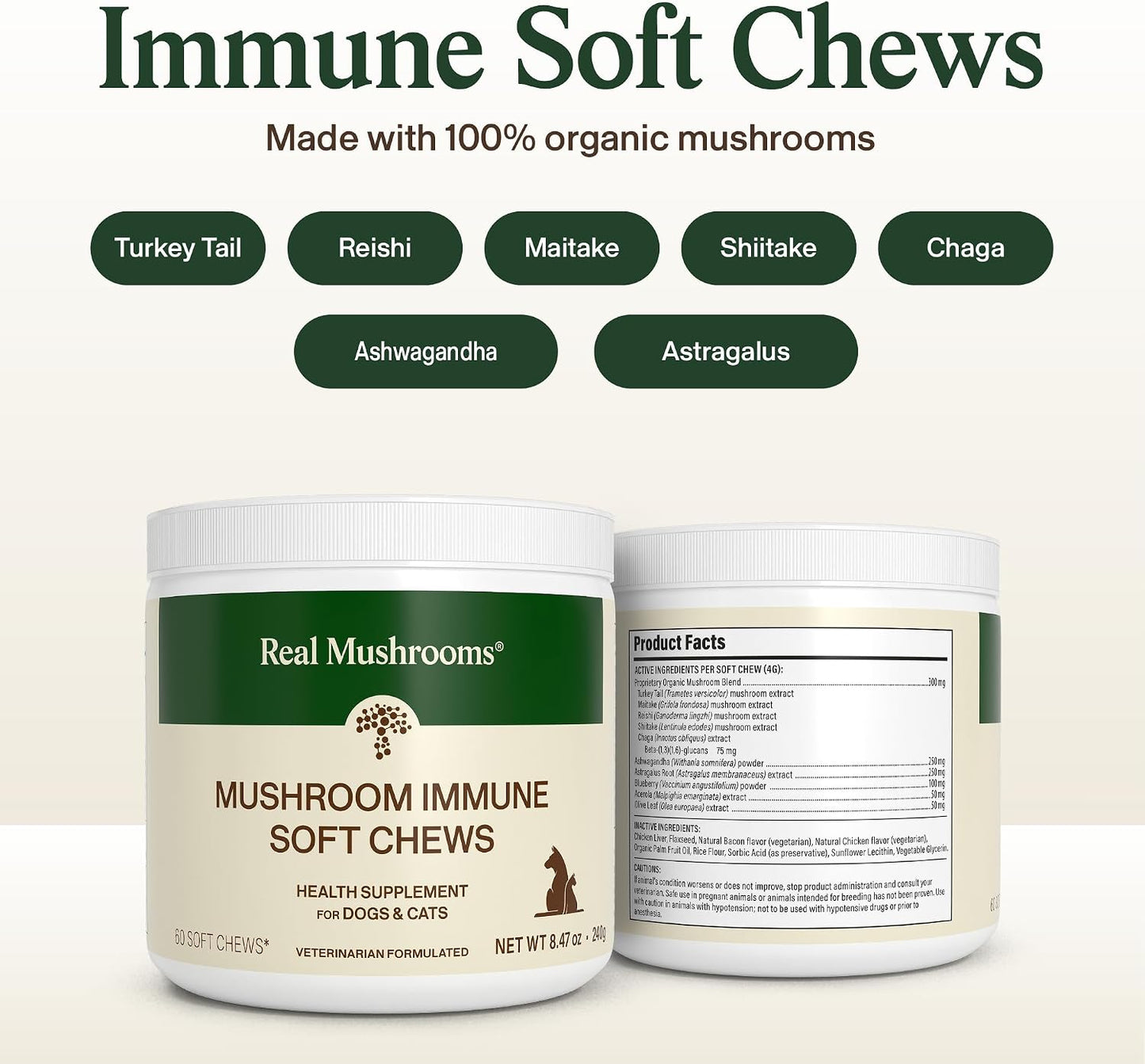 Ingredient details on Real Mushrooms 60 count jar showing 5 Defenders blend.
