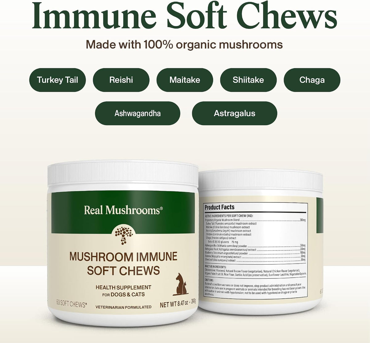 Ingredient details on Real Mushrooms 60 count jar showing 5 Defenders blend.