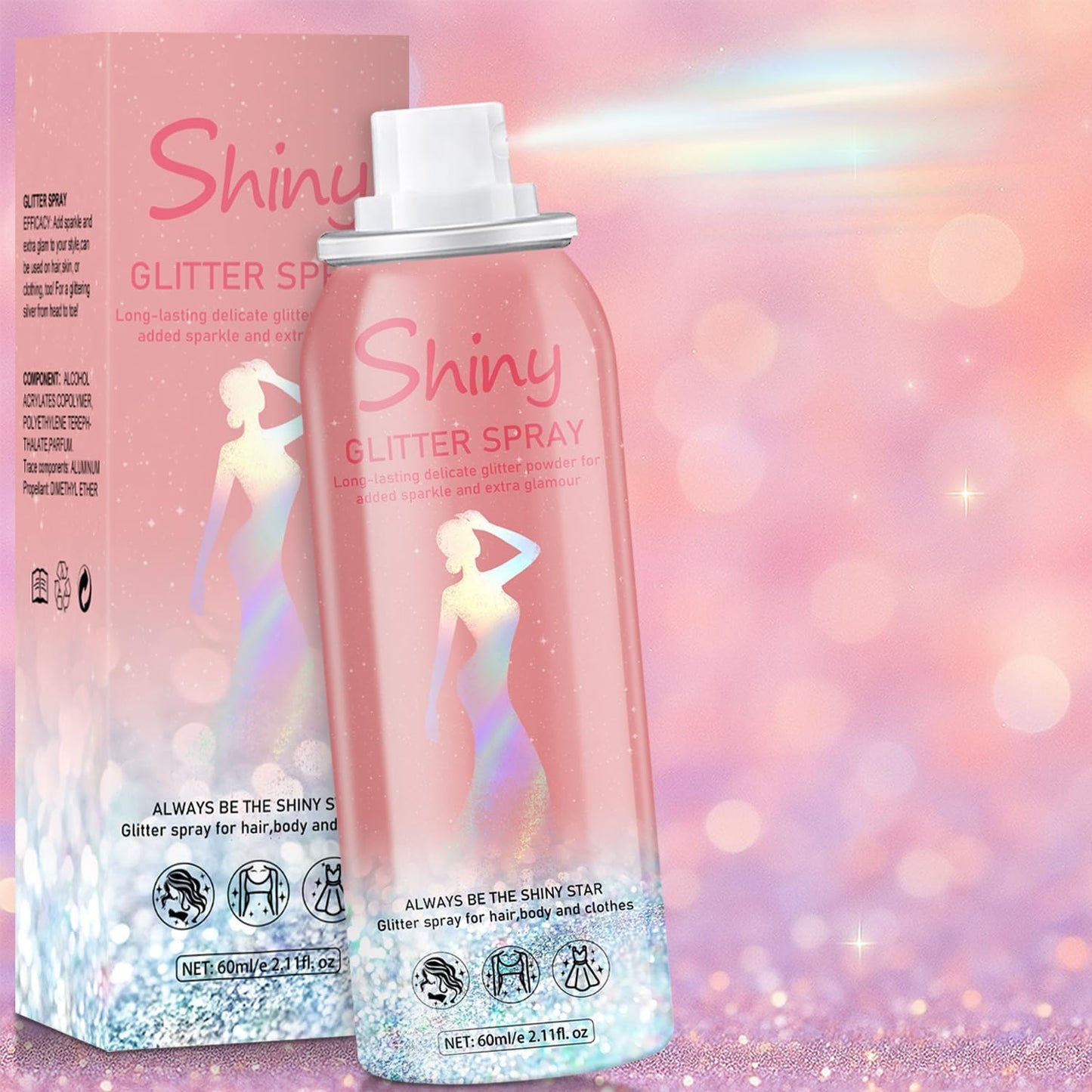 KIDELLE&CO Holographic Body Glitter Spray front view of the 60ml silver shimmer bottle