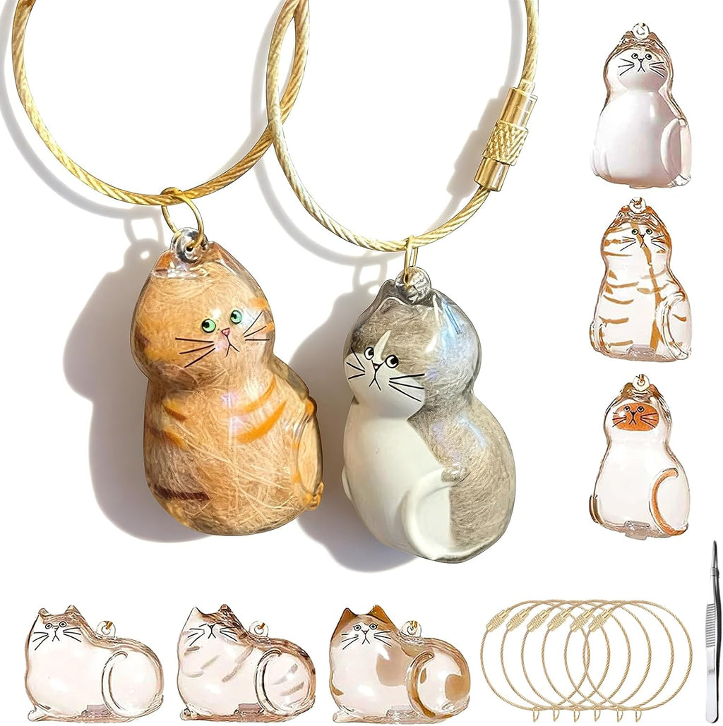BY669QFC cat fur storage bottle keychain front view showing six clear cat-shaped capsule pendants with tweezers