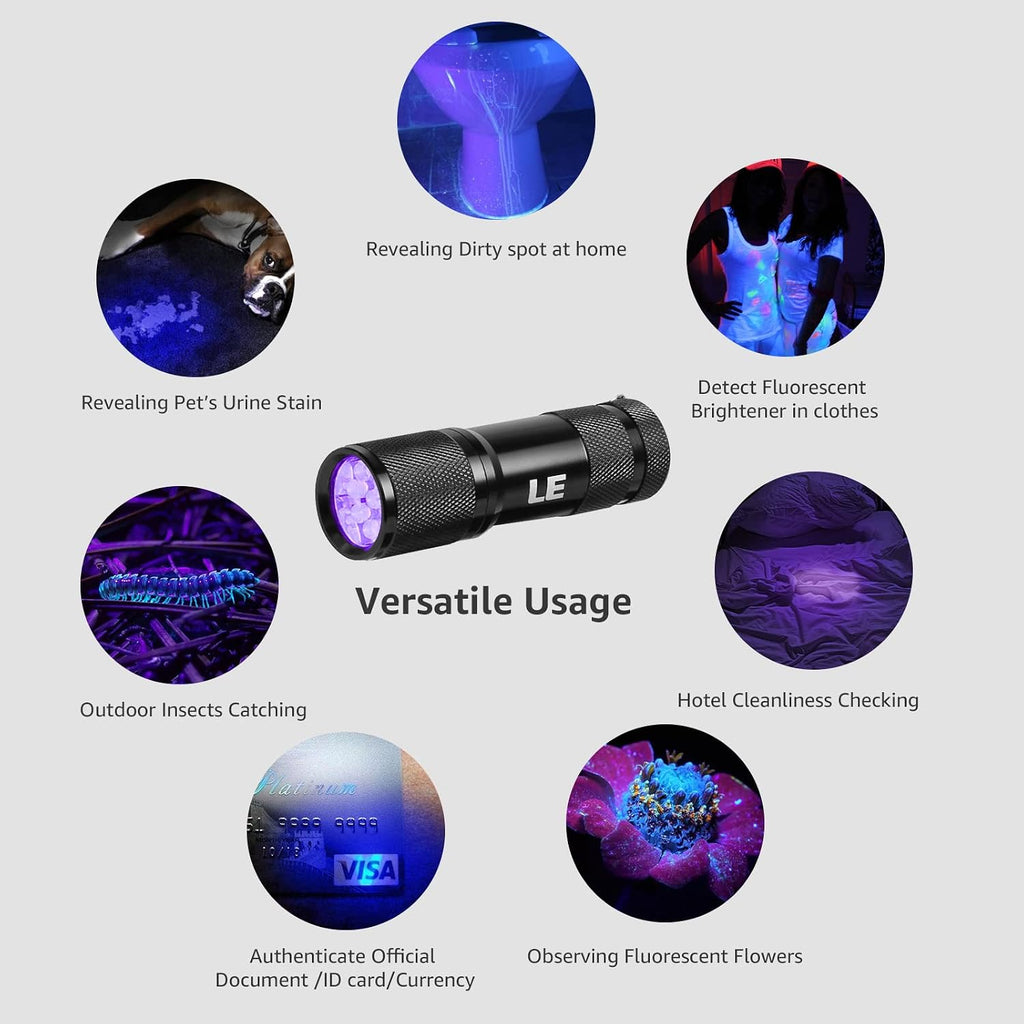 Lighting EVER small UV light package with three AAA batteries included.