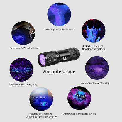 Lighting EVER small UV light package with three AAA batteries included.