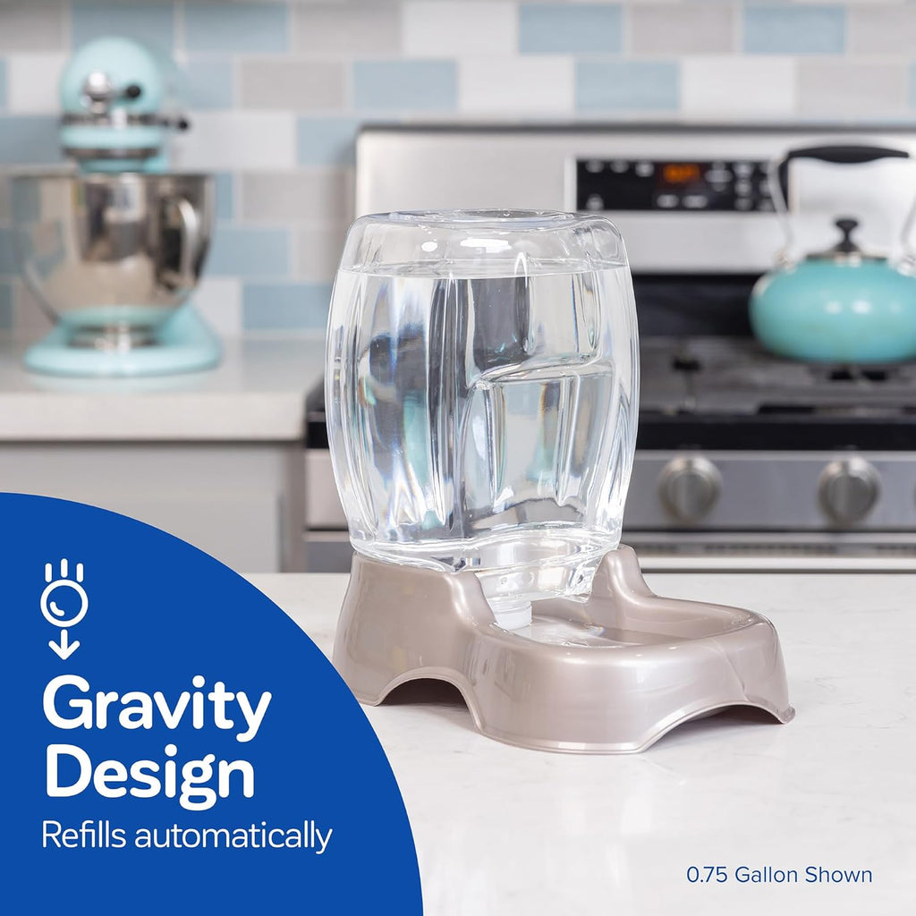 Automatic gravity pet water bowl for cats and dogs filled with fresh water.