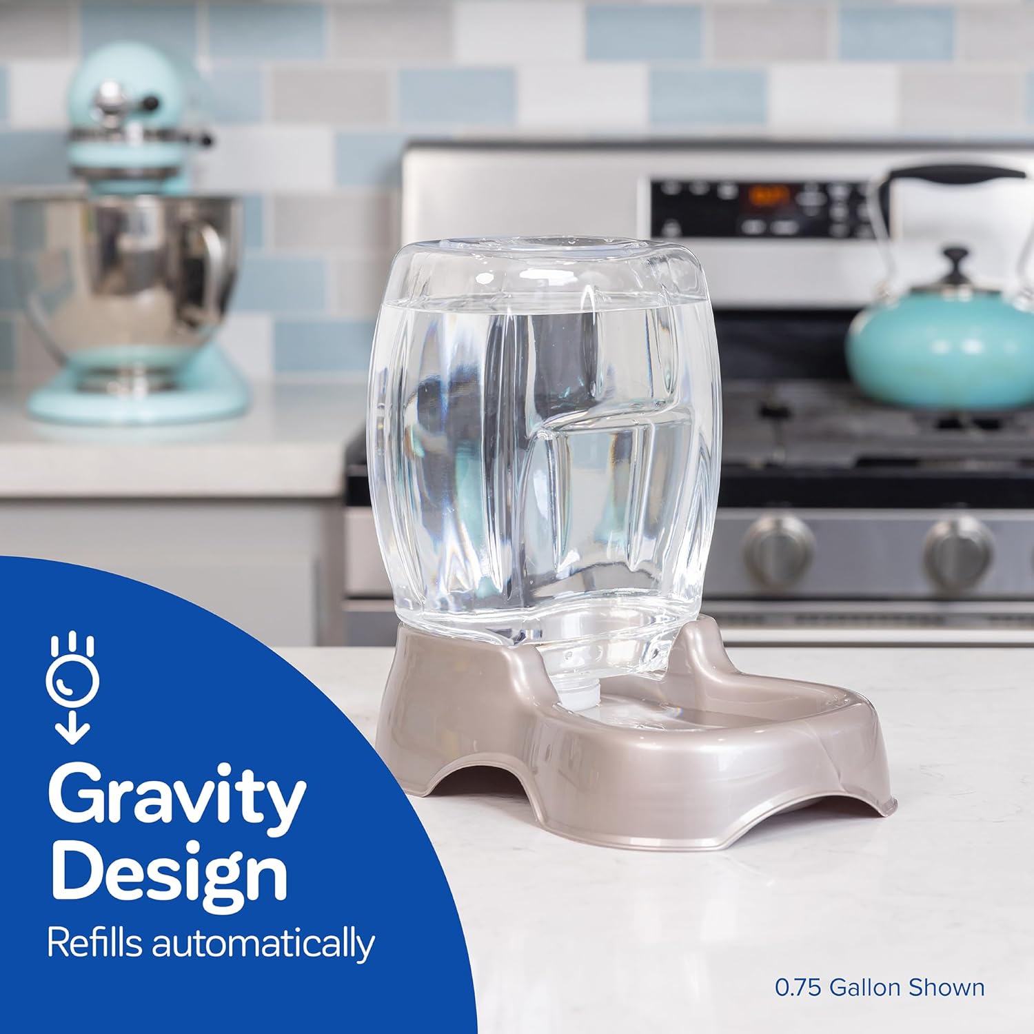 Automatic gravity pet water bowl for cats and dogs filled with fresh water.