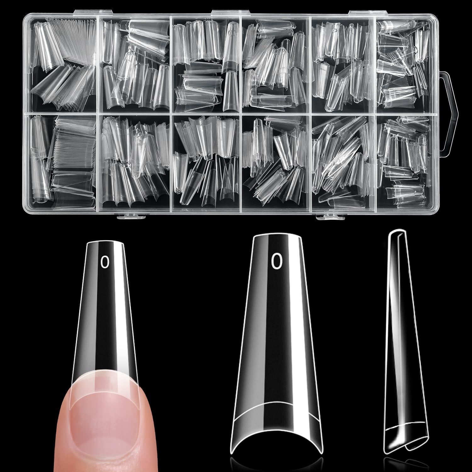krofaue 600PCS clear coffin nail tips in a 12 size storage box for extensions coffin nail shape