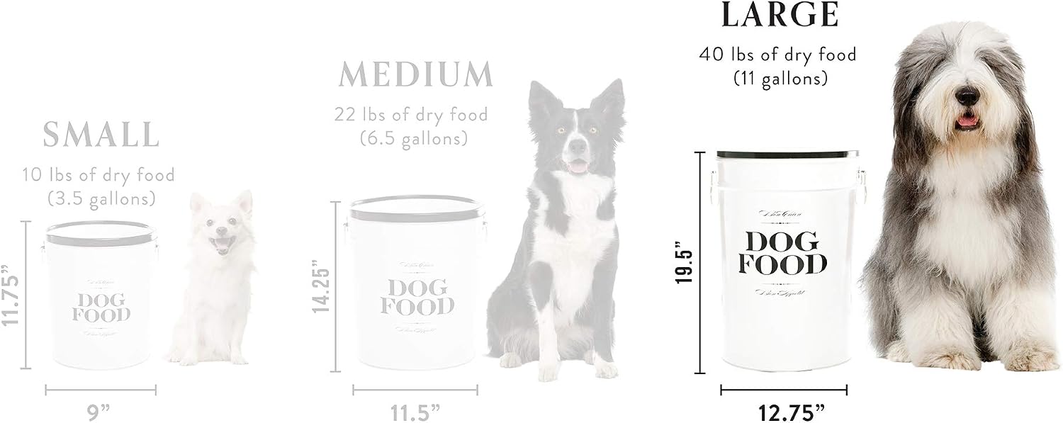 Large white stainless steel dog food container with black lettering