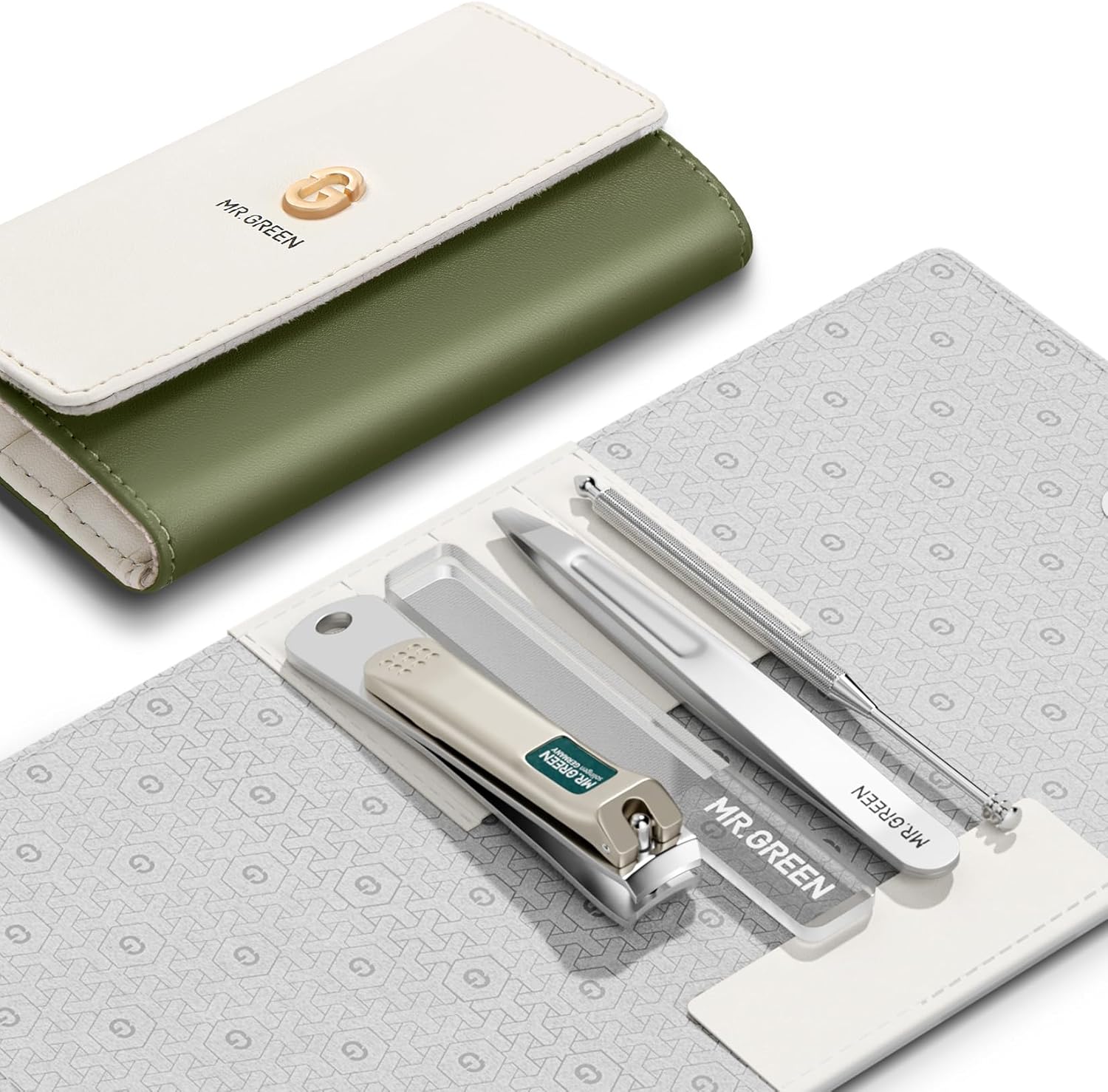 Mr. Green colorful manicure set front view in green case