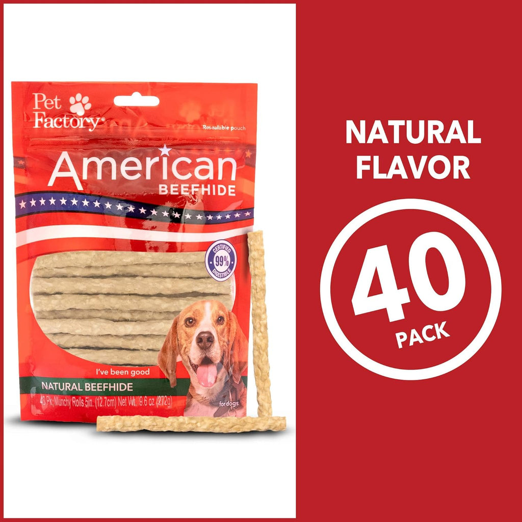 Close up view of individual natural flavor pet factory rawhide mini rolls