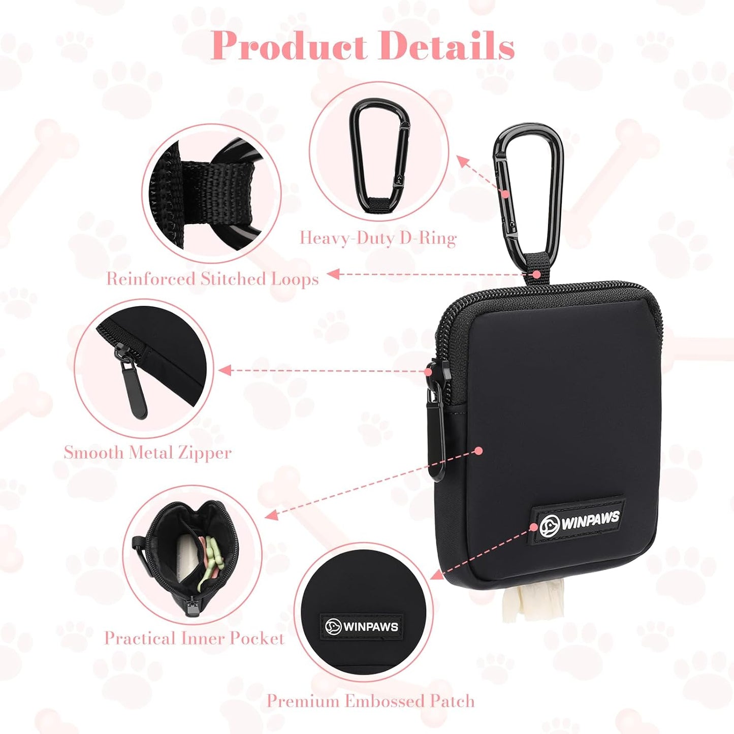 Winpaws black puppy training pouch opening with secure closure holding small training rewards.