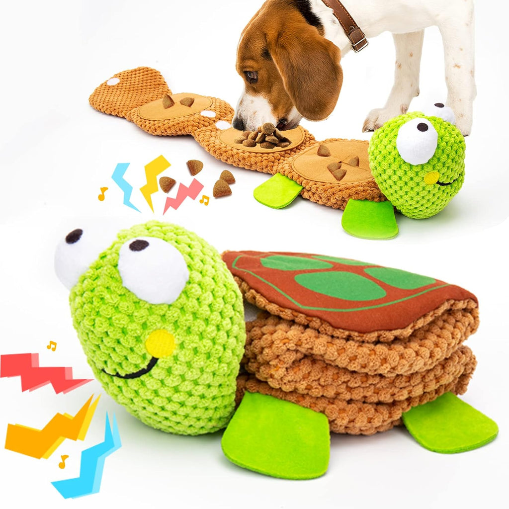 Interactive squeaker location inside the chocolate birthday cake stuffed pet toy
