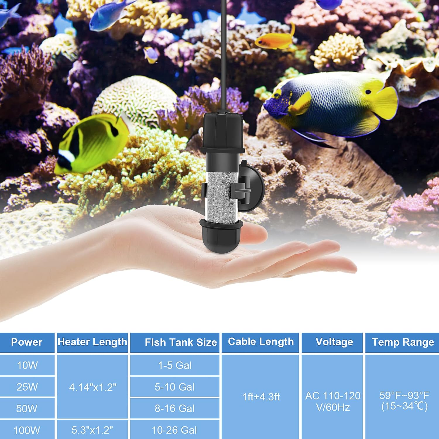 Hygger heater submerged in water with digital temperature reading