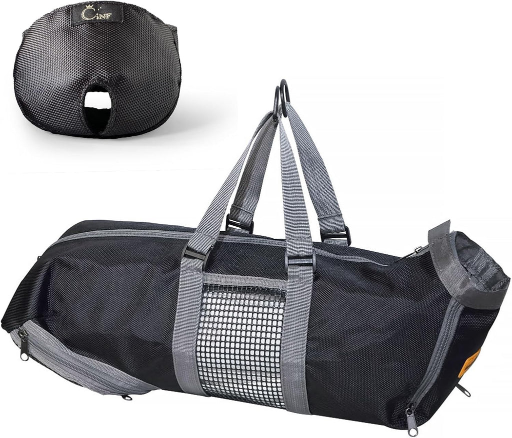 Side view of Cinf cat grooming bag showing handles and hanging hook