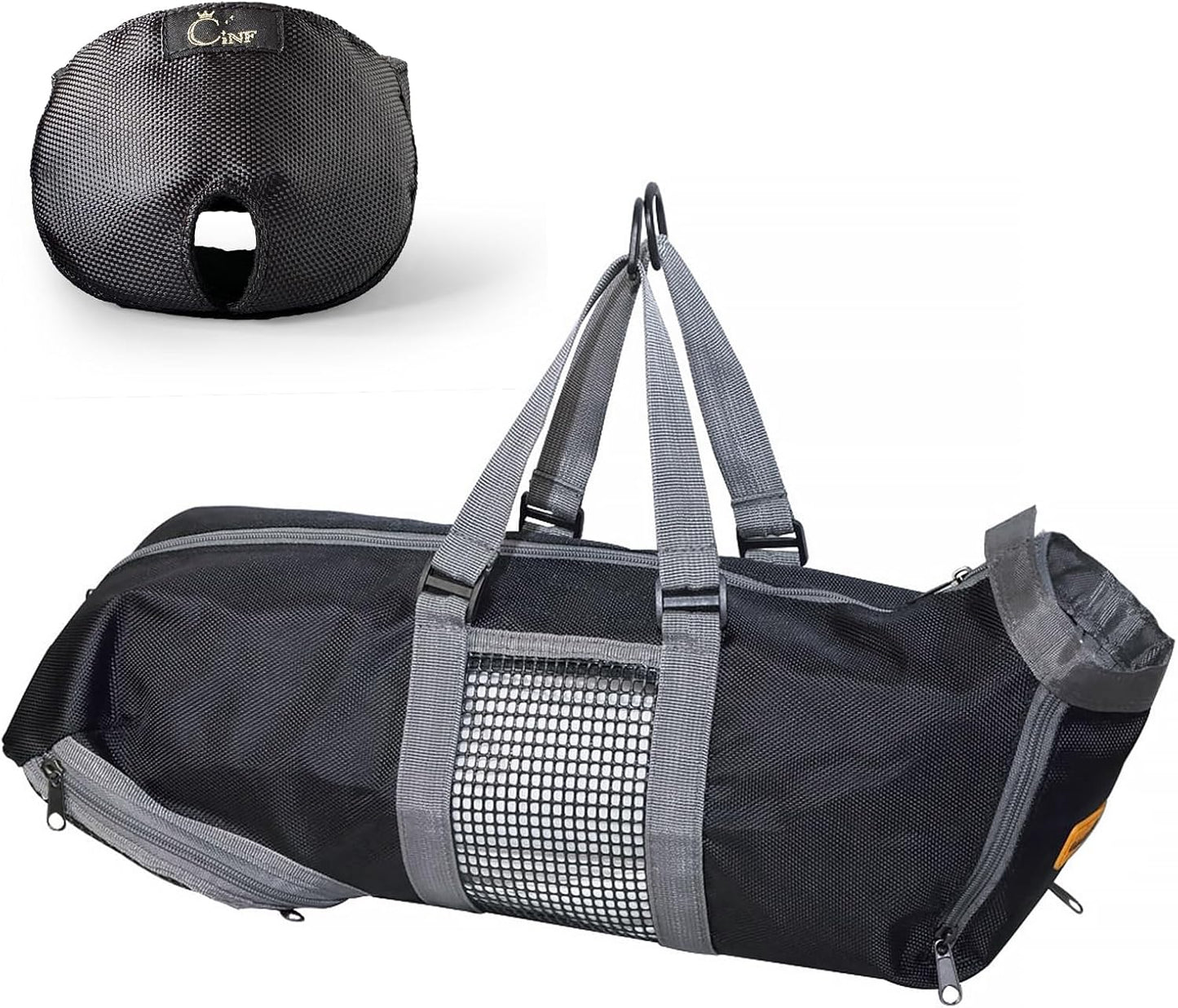 Adjustable cat muzzle mask included with the Cinf restraint set