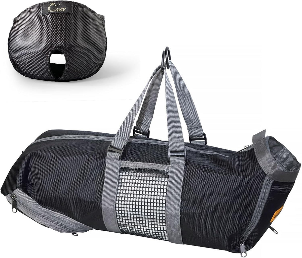 Side view of Cinf cat grooming bag showing handles and hanging hook