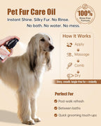 Applying leave-in pet conditioning oil to dog fur during grooming.