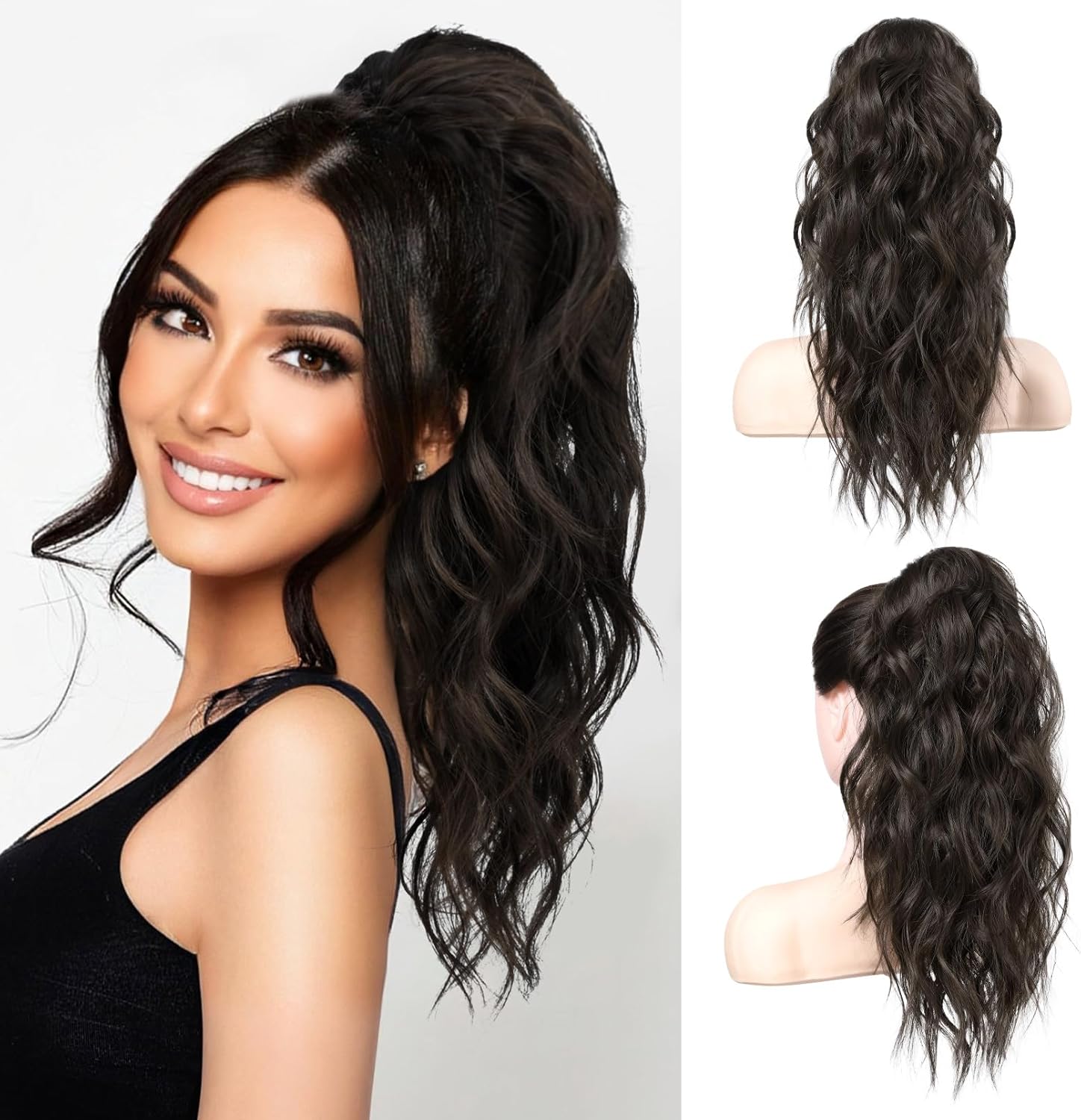 LONAI wavy claw clip ponytail extension front view showing 18 inch curly black brown synthetic hairpiece