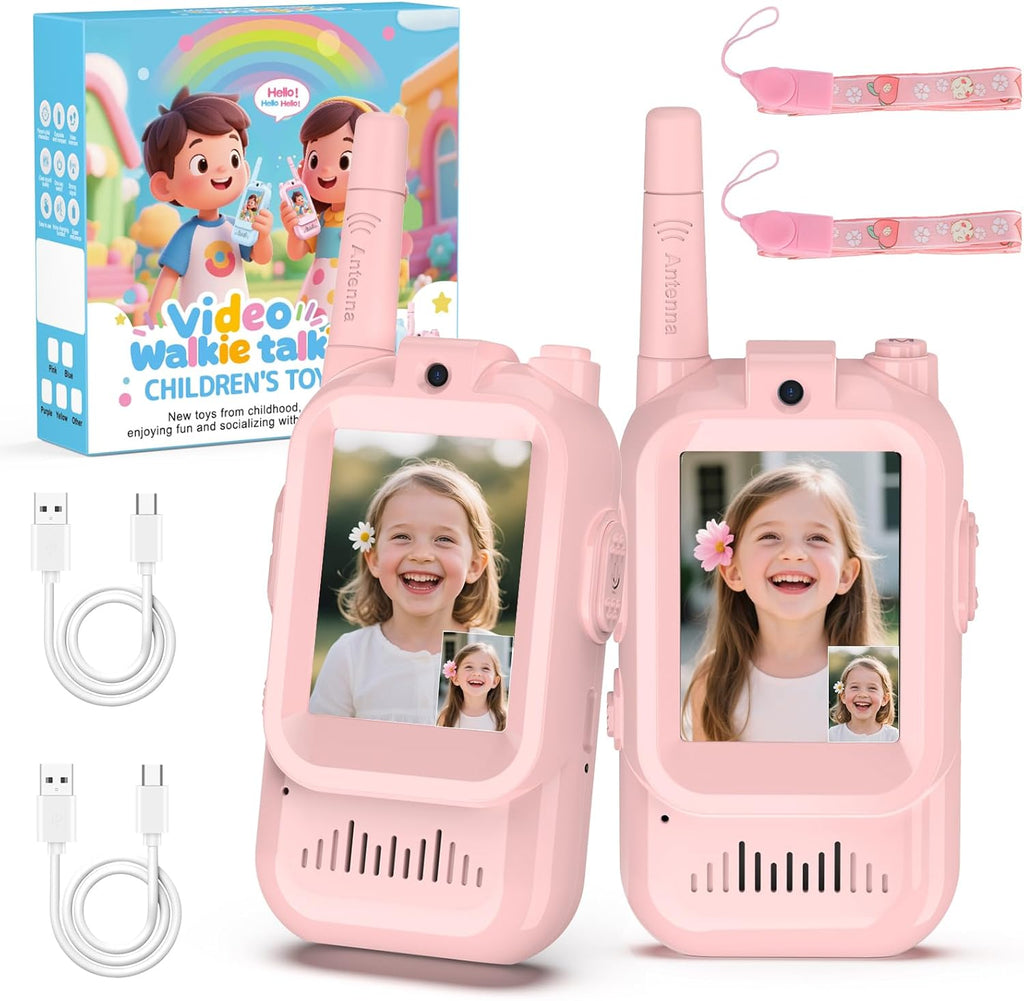 BlueFire Kids Walkie Talkies with Video front view showing pink and blue units with screens active.