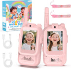 BlueFire Kids Walkie Talkies with Video front view showing pink and blue units with screens active.