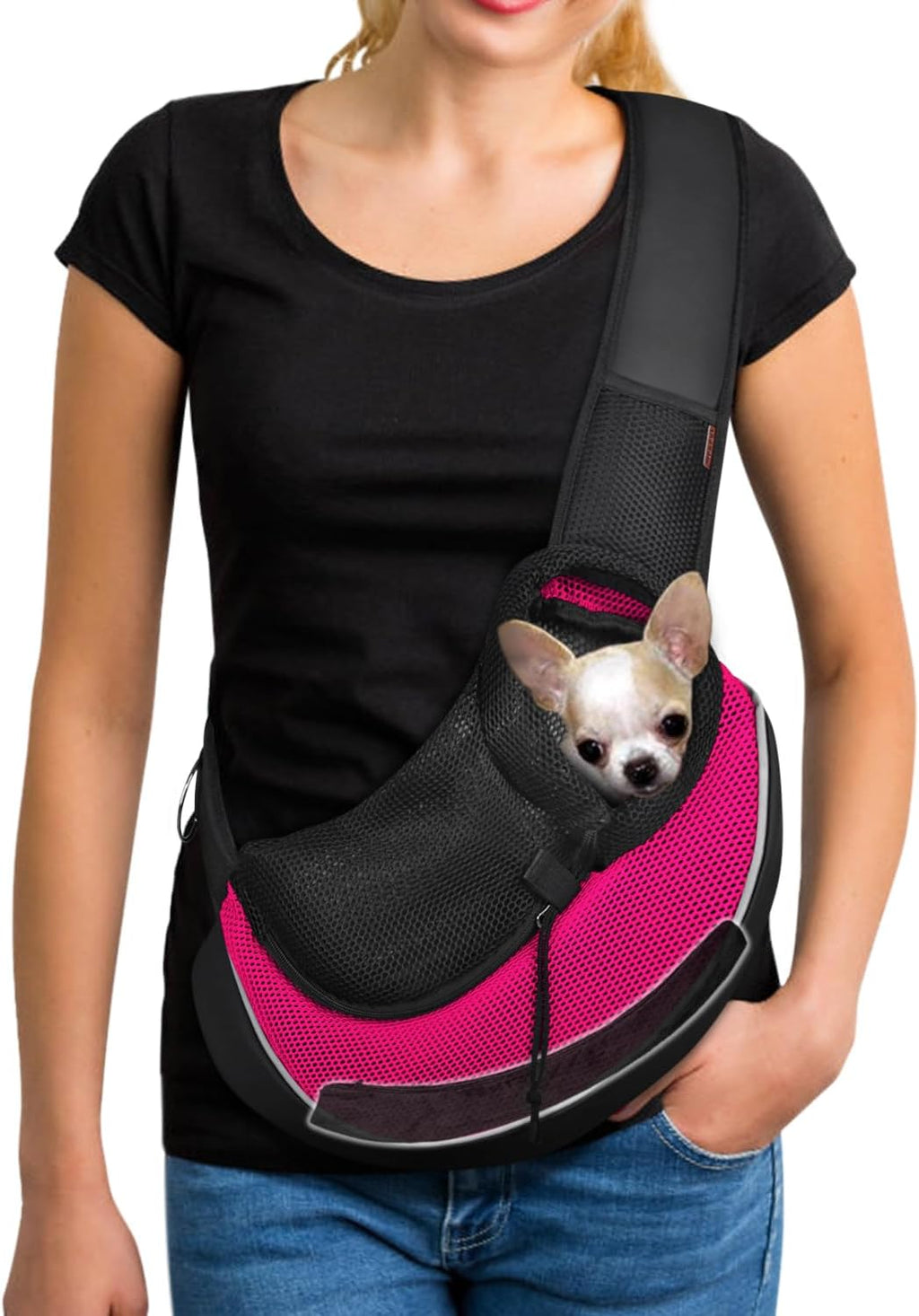 YUDODO Pet Sling Carrier for Small Dogs & Cats - Hands-Free Puppy Carrier with Safety Hook, Large Zipper Pocket, Soft Breathable Mesh, Adjustable Strap & Reflective Strip (Black 1.0 S) - Image 14