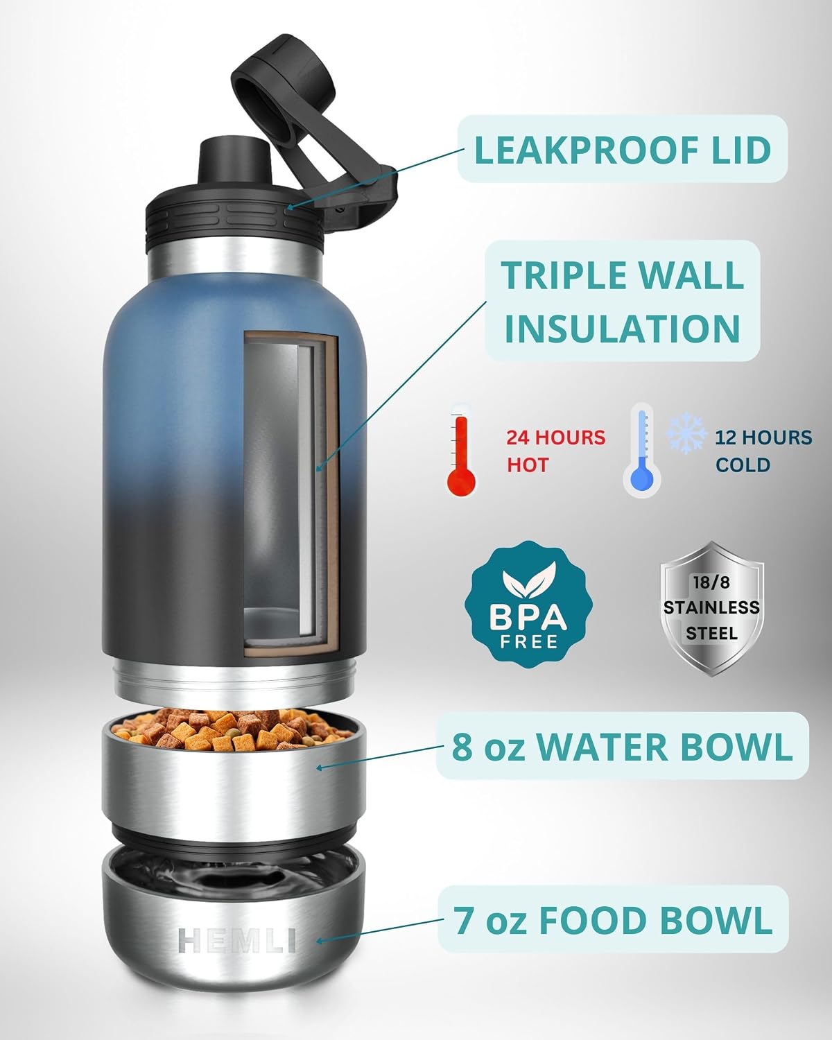 Hemli pet travel canteen showing the detachable eight ounce water bowl unscrewed.