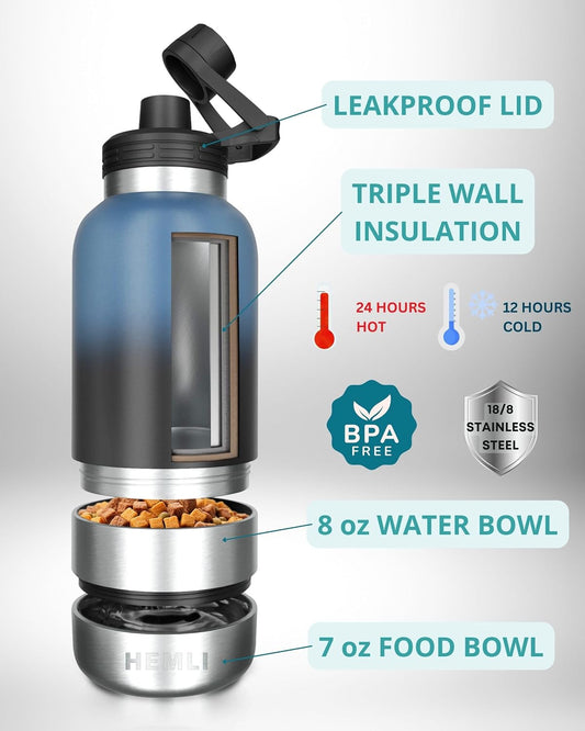 Hemli pet travel canteen showing the detachable eight ounce water bowl unscrewed.