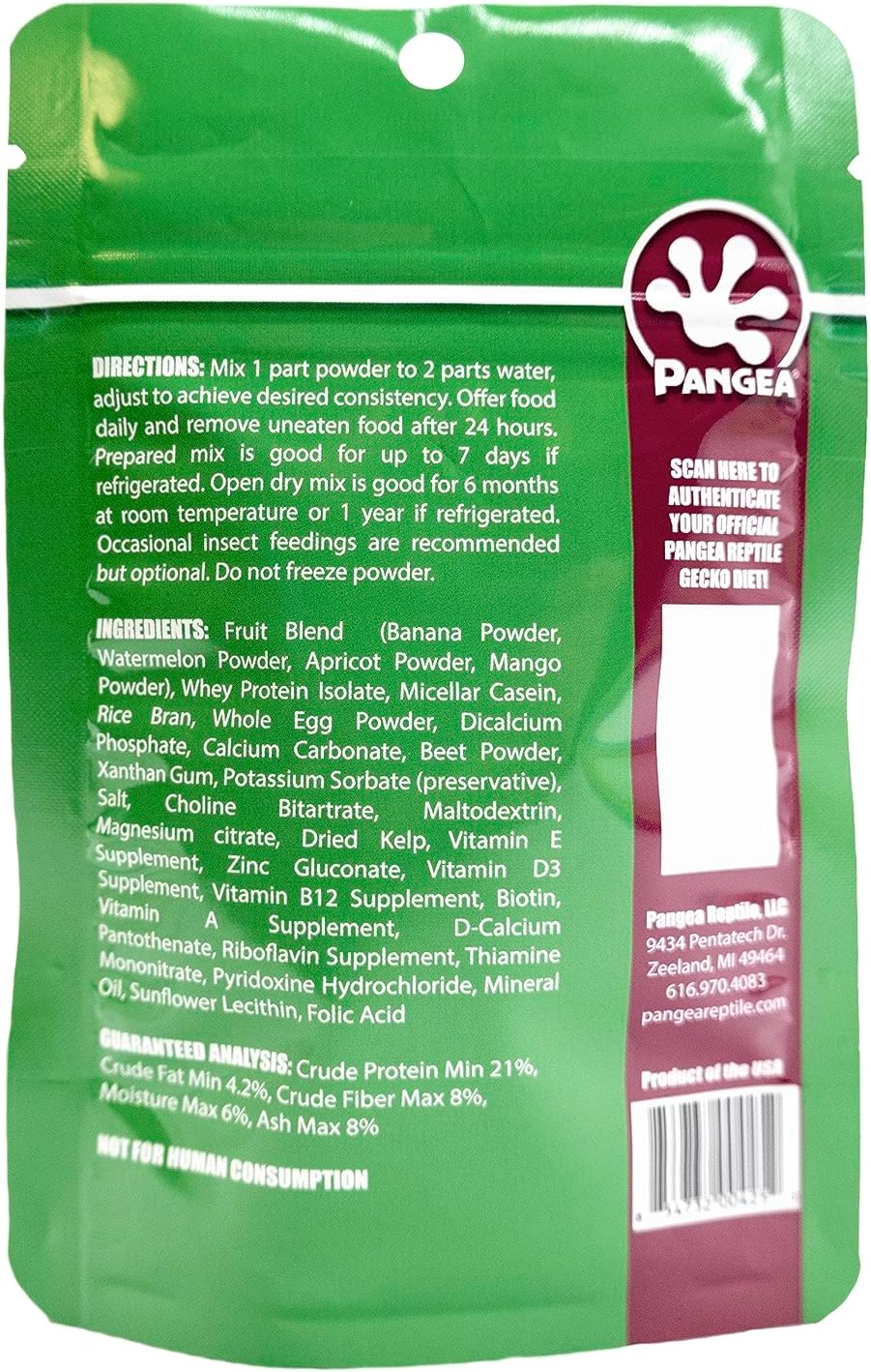 Pangea powdered gecko diet close up of the label instructions