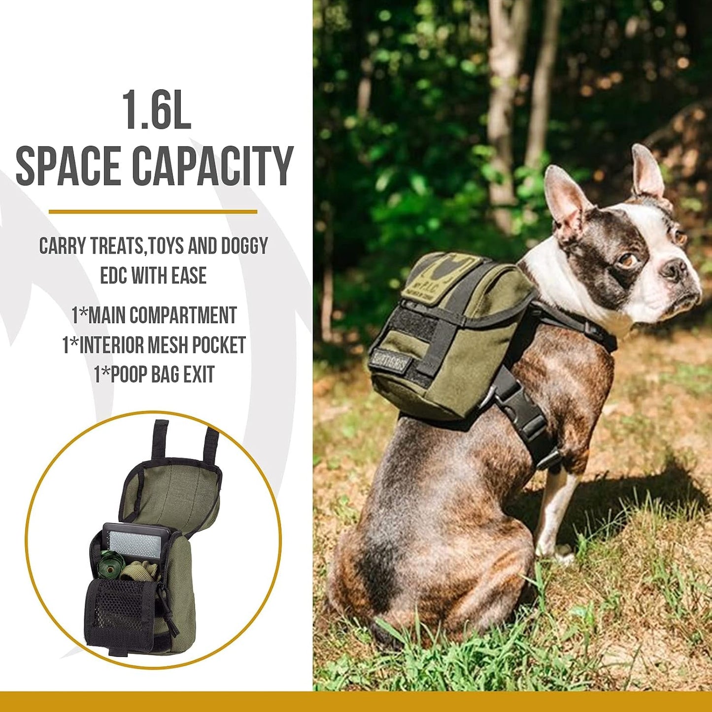 OneTigris 1000D nylon pet harness pack showcasing the breathable inner nylon mesh lining and straps