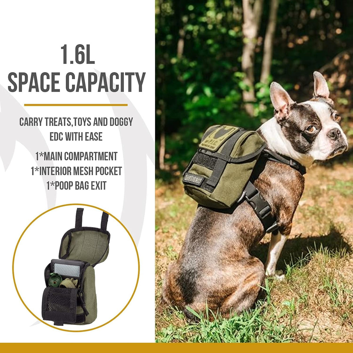 OneTigris 1000D nylon pet harness pack showcasing the breathable inner nylon mesh lining and straps