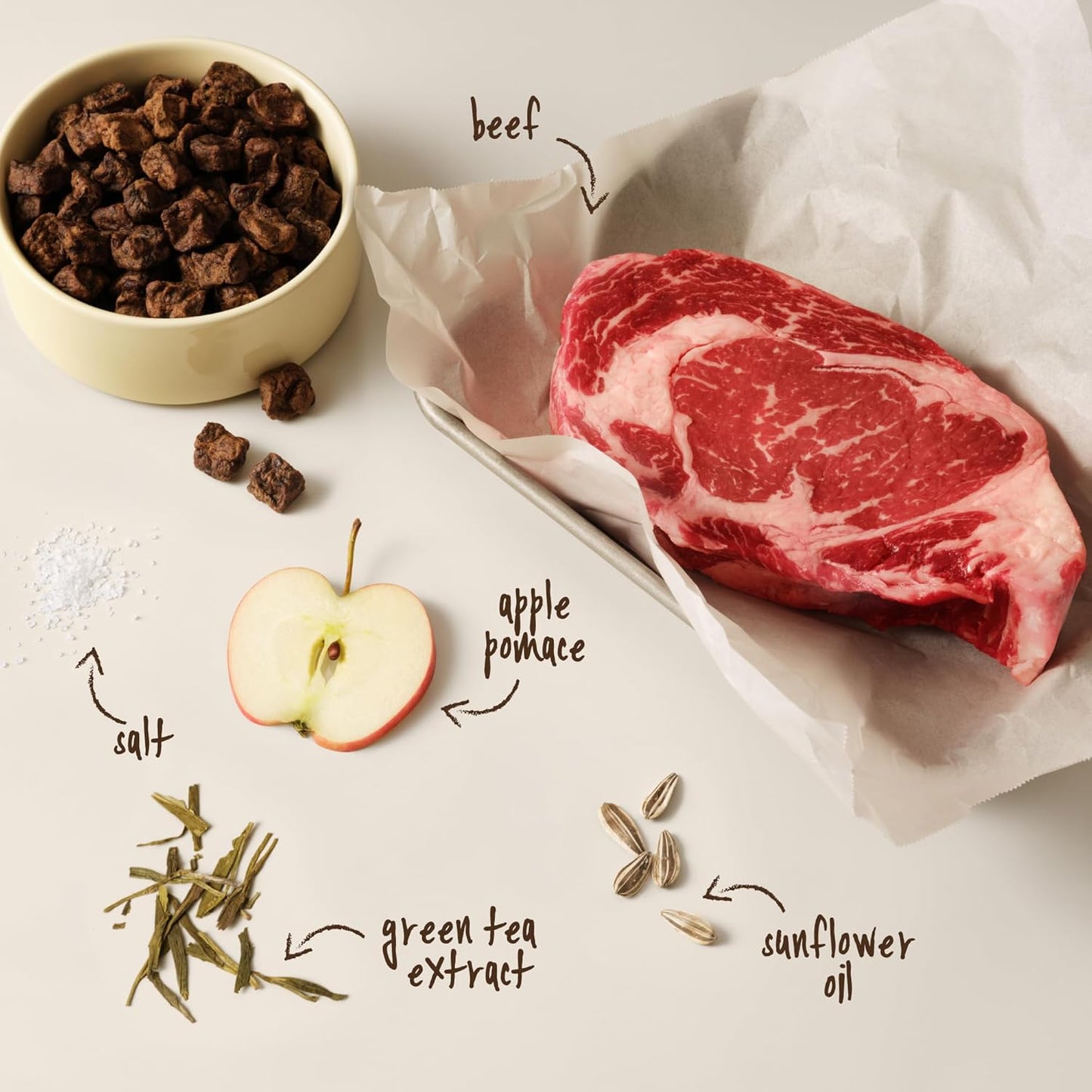 Back label of Full Moon pure protein ranch raised beef showing ninety percent meat composition.