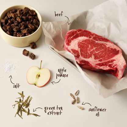 Back label of Full Moon pure protein ranch raised beef showing ninety percent meat composition.